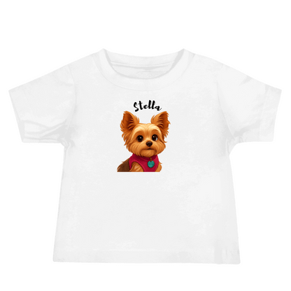 Custom cartoon baby tee with a portrait of a dog named Stella, featuring a soft cotton design for infants.