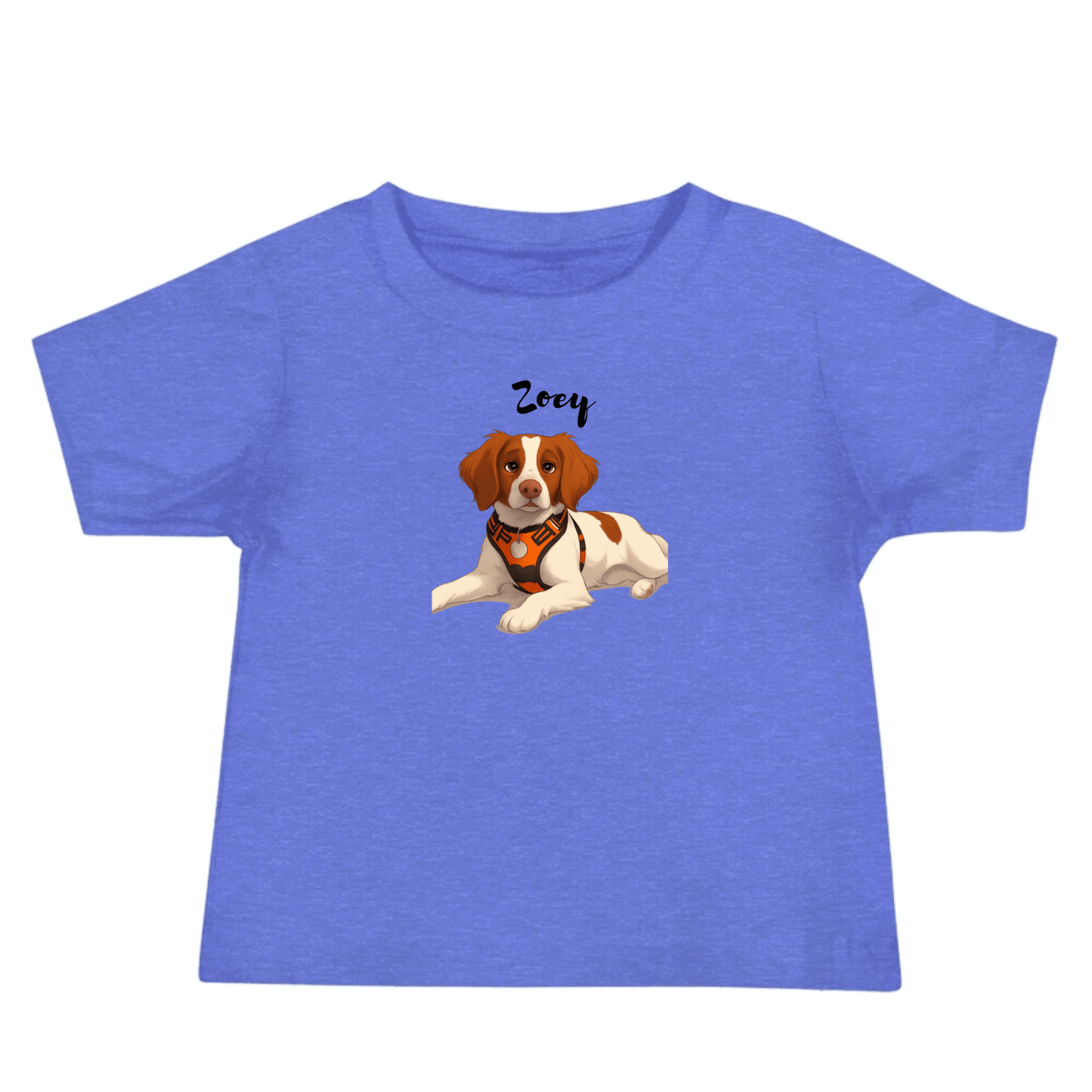 Custom cartoon baby tee featuring a cartoon dog named Zoey on a blue shirt.