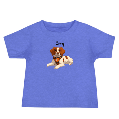 Custom cartoon baby tee featuring a cartoon dog named Zoey on a blue shirt.