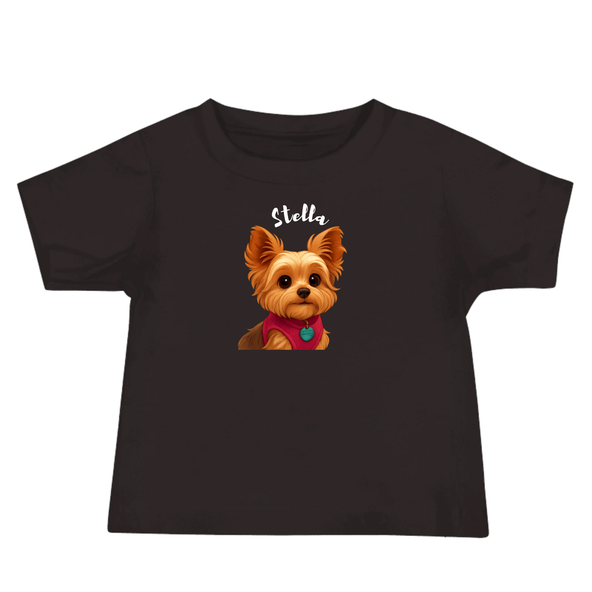 Custom baby tee featuring cartoon dog named Stella, with bright colors and a cute design.