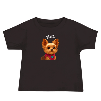 Custom baby tee featuring cartoon dog named Stella, with bright colors and a cute design.