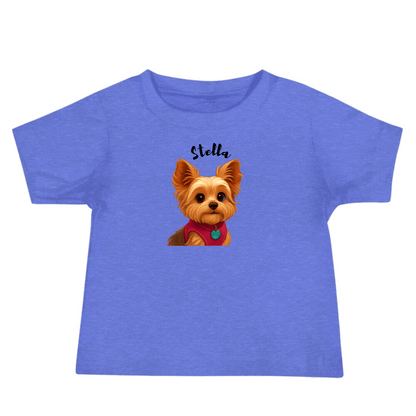 Custom baby tee featuring a cartoon dog named Stella, in soft blue cotton fabric.