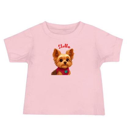 Custom cartoon pet baby shirt, pink tee featuring a cute illustration of a Yorkie named Stella.