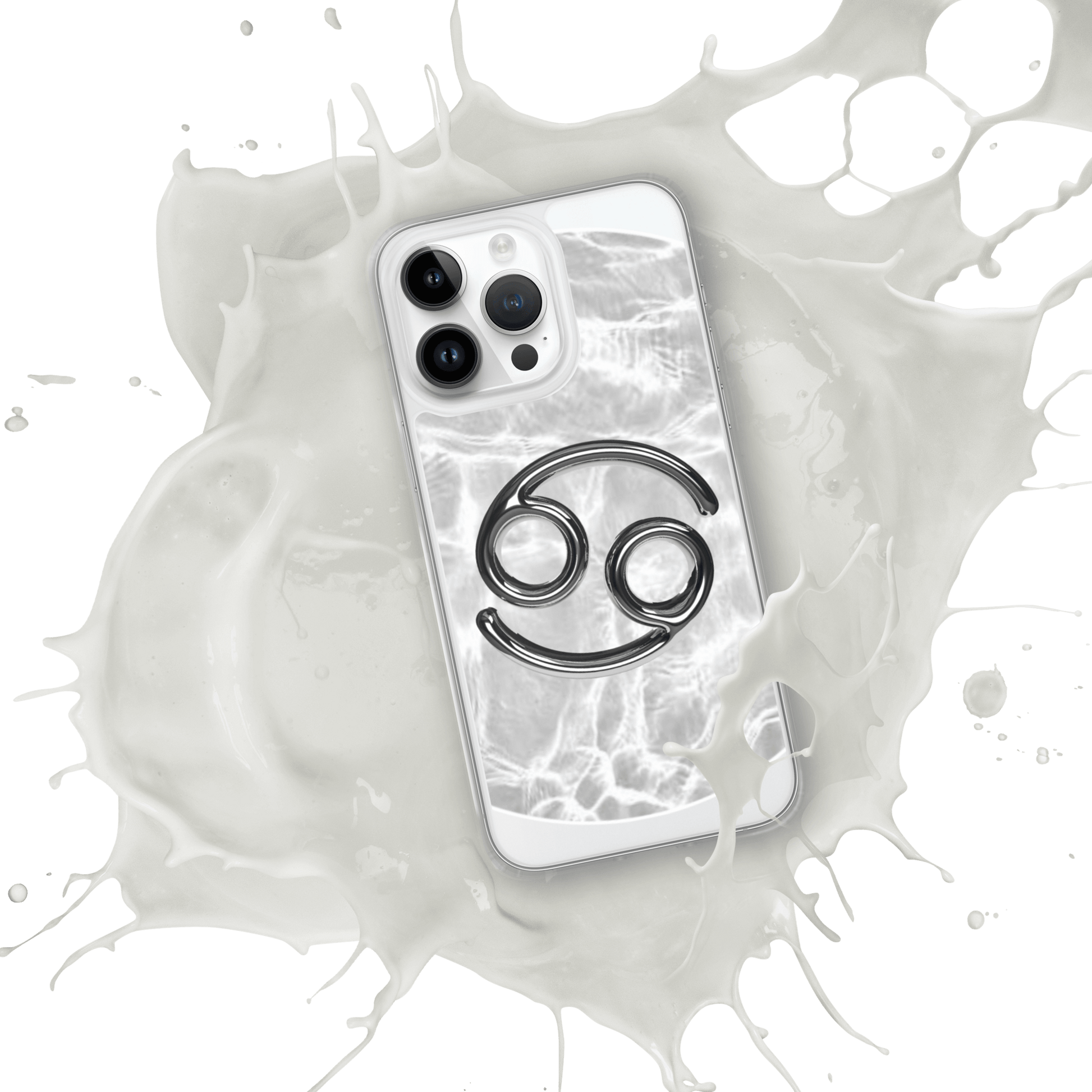 Zodiac Cancer MagSafe clear iPhone case with marble design and splash effect, showcasing elegant cosmic charm.