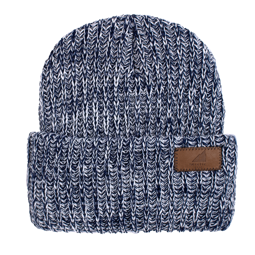 Child Acrylic Ribbed Cuff Hat – Soft, Stretchy & Purposeful in navy blue ribbed knit with leather label.