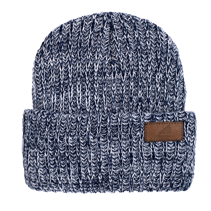 Child Acrylic Ribbed Cuff Hat – Soft, Stretchy & Purposeful in navy blue ribbed knit with leather label.