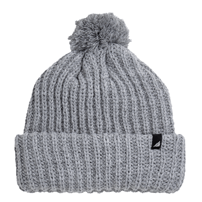 Child Acrylic Ribbed Cuff Hat with Pom – Cozy, Playful, Purposeful in gray, featuring a snug ribbed cuff and fluffy pom.