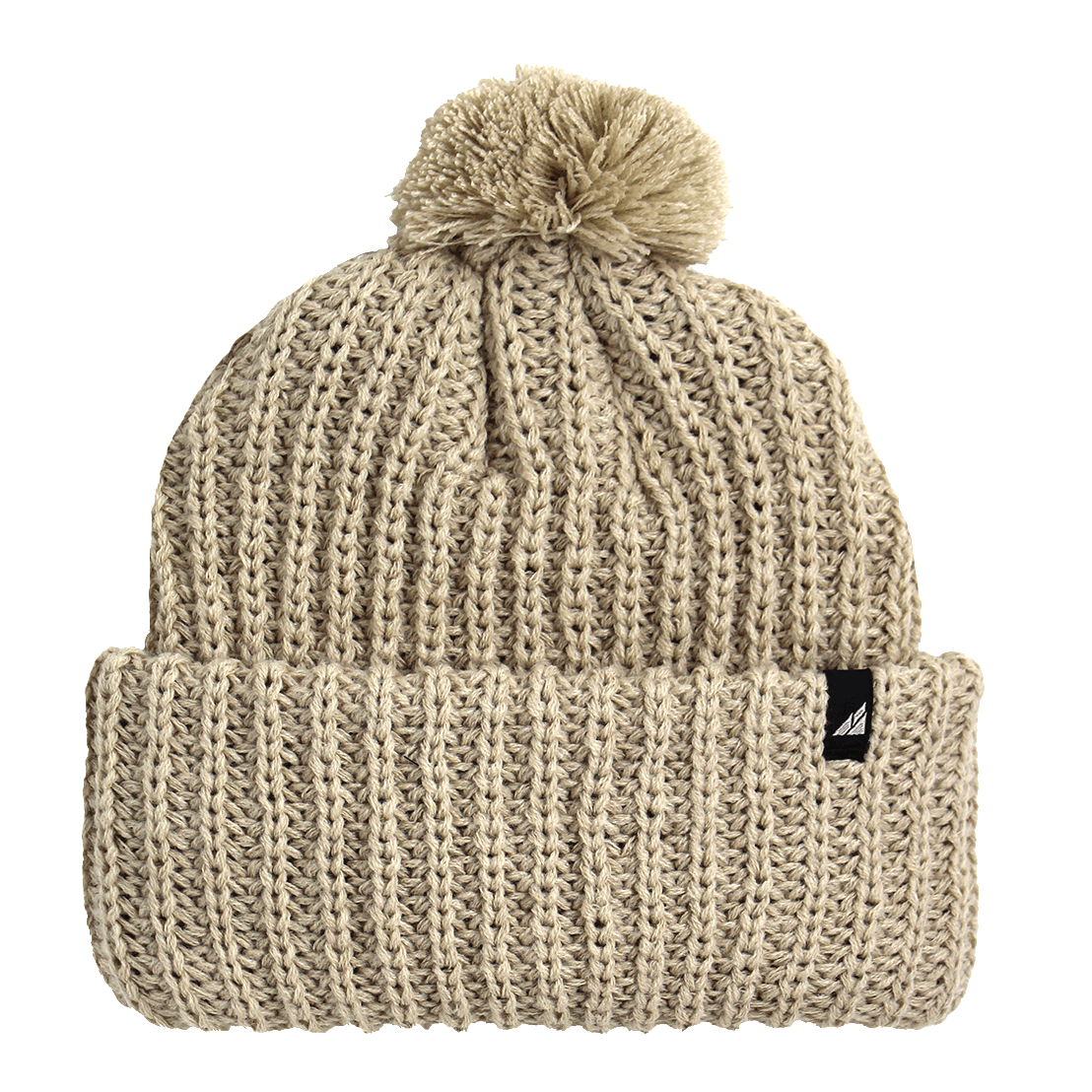 Child Acrylic Ribbed Cuff Hat with Pom – Cozy, Playful, Purposeful in beige with a fluffy pom on top.