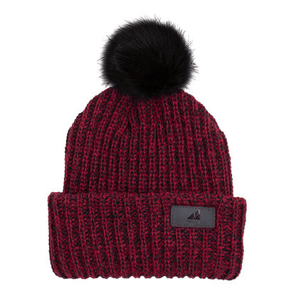 Child Acrylic Ribbed Cuff with Pom Hat – Cozy & Purposeful in red with a black pom pom on top.