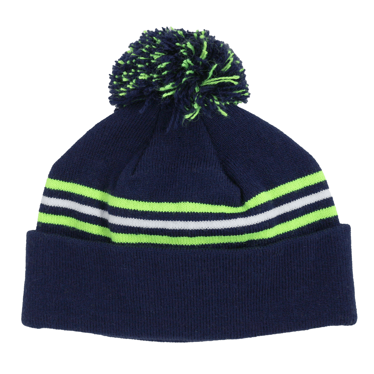 Child Specialty Hat (Ages 3–5) – Playful Warmth with Purpose with a navy and green pom-pom design.