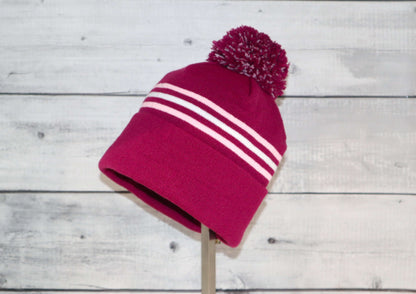 Child Specialty Hat (Ages 3–5) – Playful Warmth with Purpose in pink color with pom-pom and stripes.
