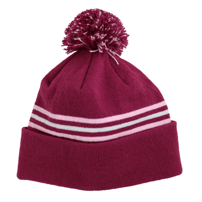 Child Specialty Hat (Ages 3–5) – Playful Warmth with Purpose in maroon with pom pom and striped design.