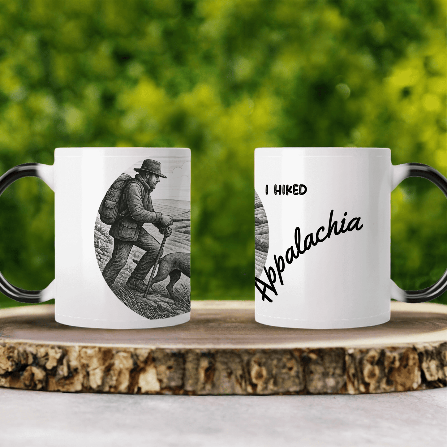 Personalized I Hiked Appalachia coffee mug featuring outdoor design and heat-sensitive ceramic.