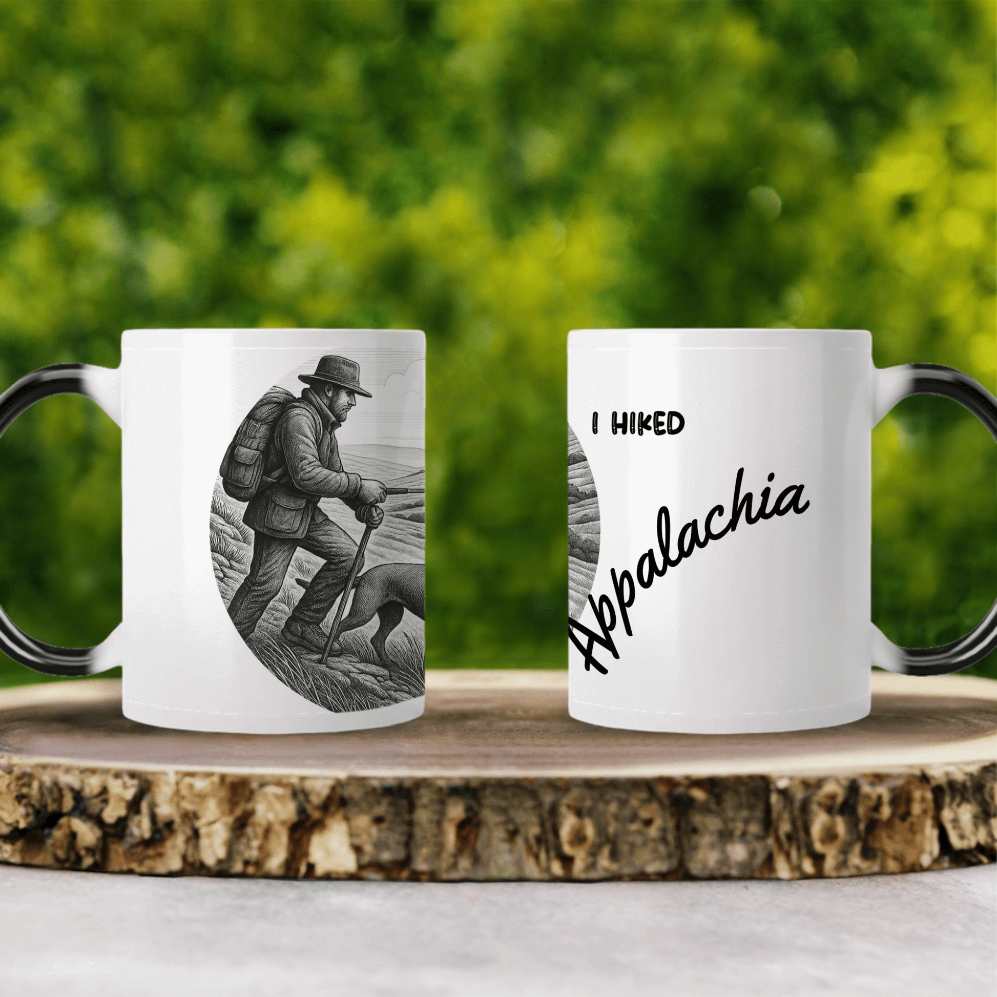 Personalized I Hiked Appalachia coffee mug featuring outdoor design and heat-sensitive ceramic.