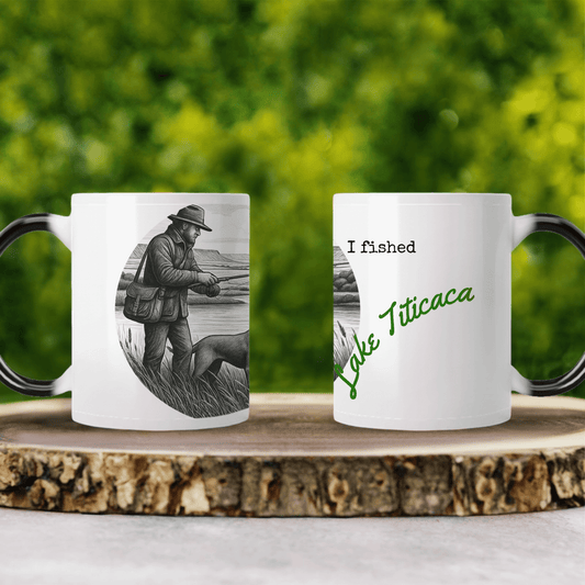 Vintage fishing coffee mug featuring angler, dog, and 'I fished Lake Titicaca' text on a natural background.