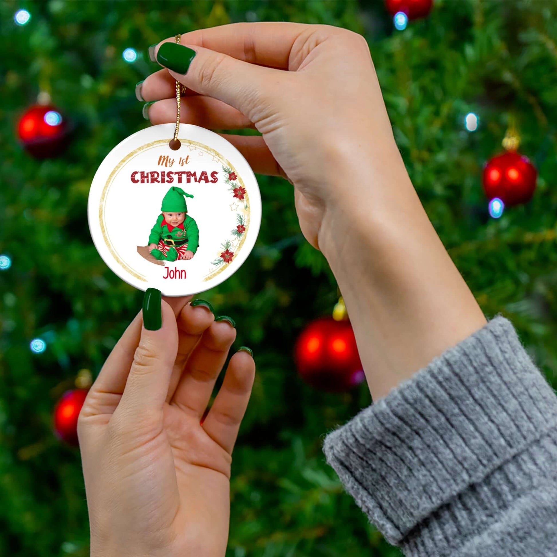 My 1st Christmas Ornament – Custom Photo in 4 Shapes held by hands against a festive background with Christmas decorations.