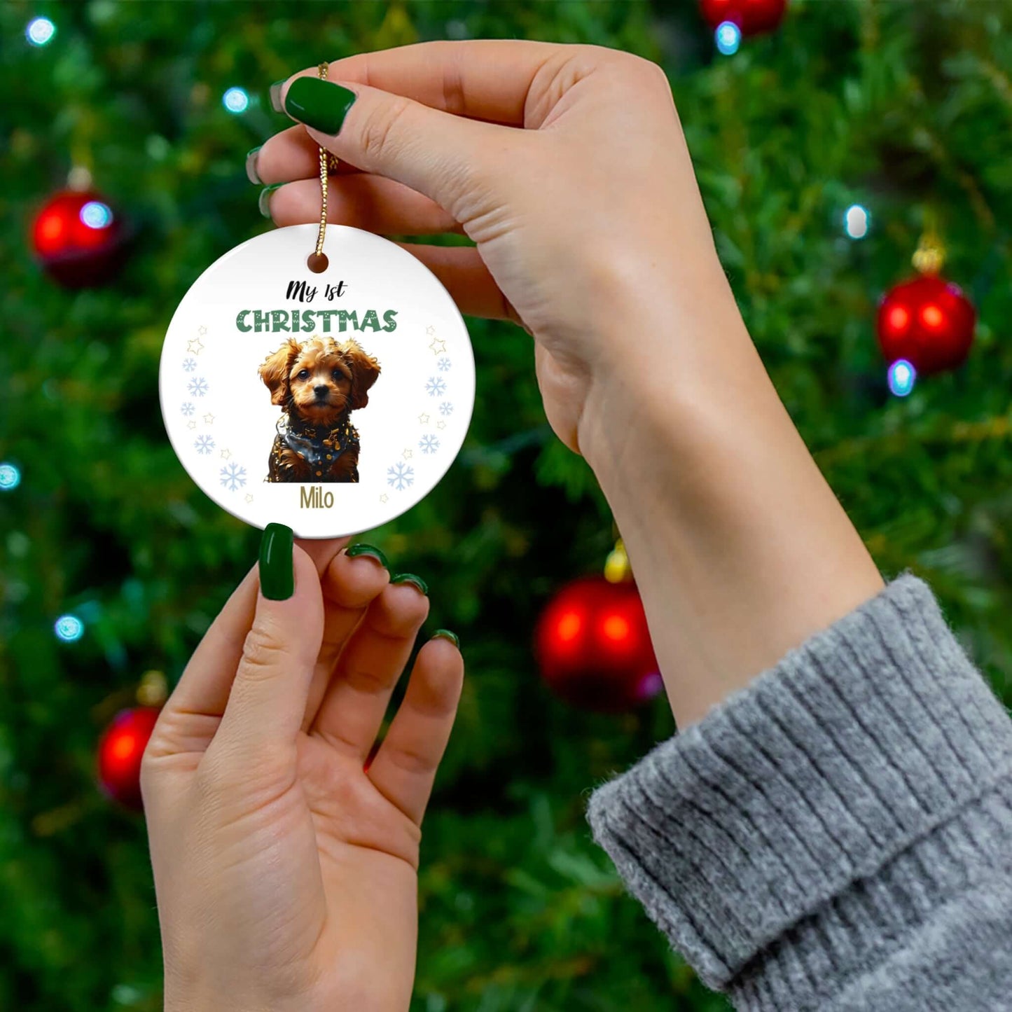 My 1st Christmas Ornament – Custom Photo in 4 Shapes featuring a dog named Milo, hanging on a decorated Christmas tree.