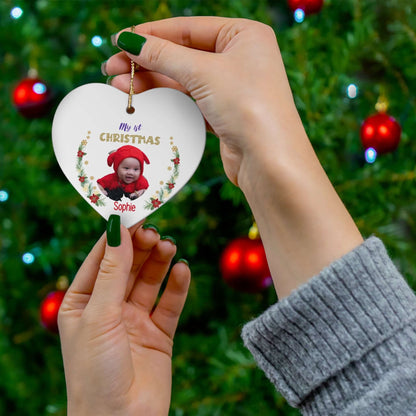 My 1st Christmas Ornament – Custom Photo in 4 Shapes featuring a baby photo on a heart-shaped ornament.