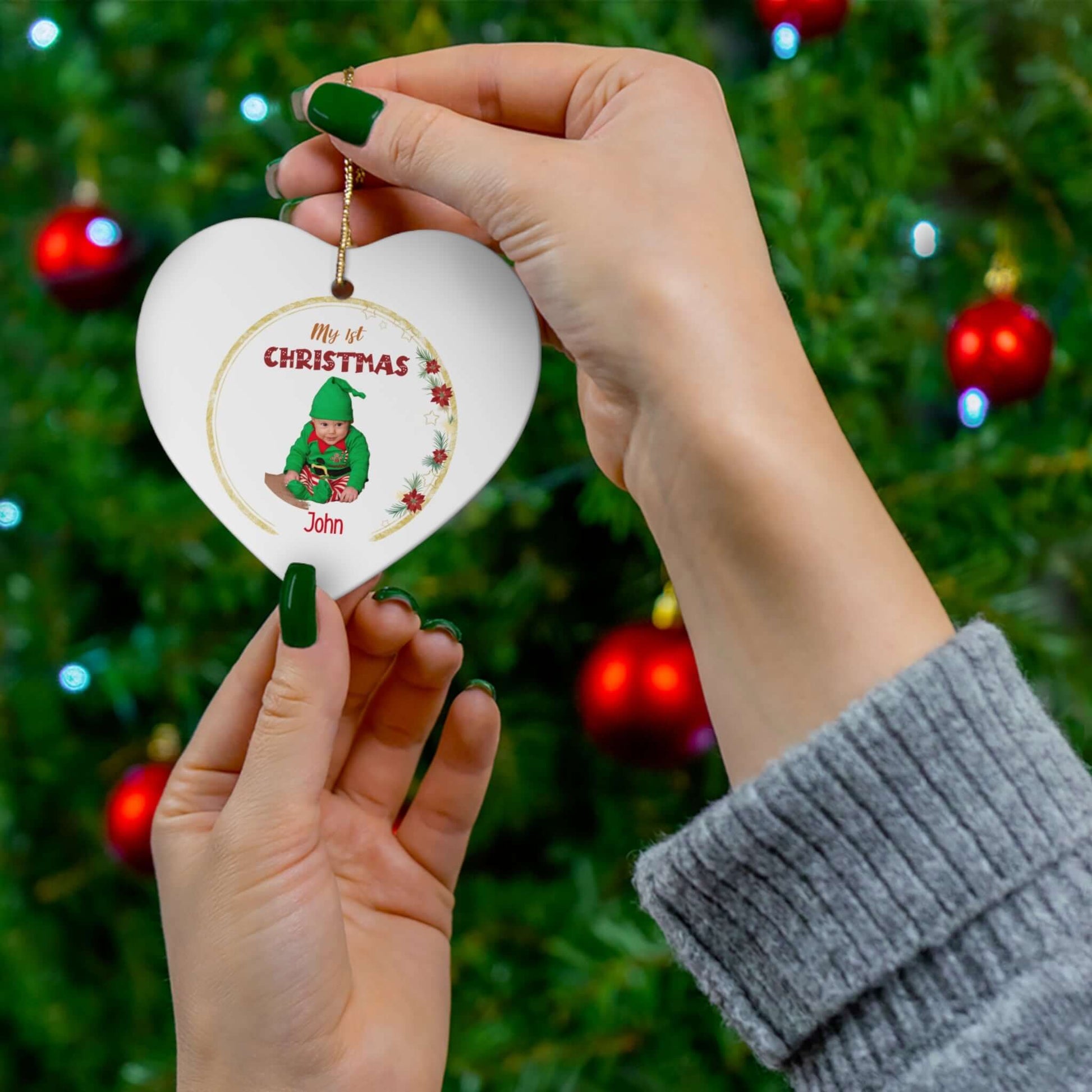 My 1st Christmas Ornament – Custom Photo in 4 Shapes, heart-shaped ornament featuring festive design and personalized name.