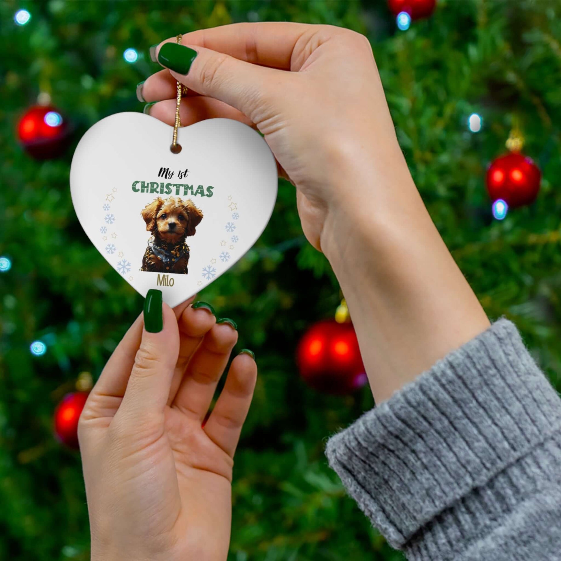 My 1st Christmas Ornament – Custom Photo in 4 Shapes displayed on a heart-shaped ornament with a dog's photo.