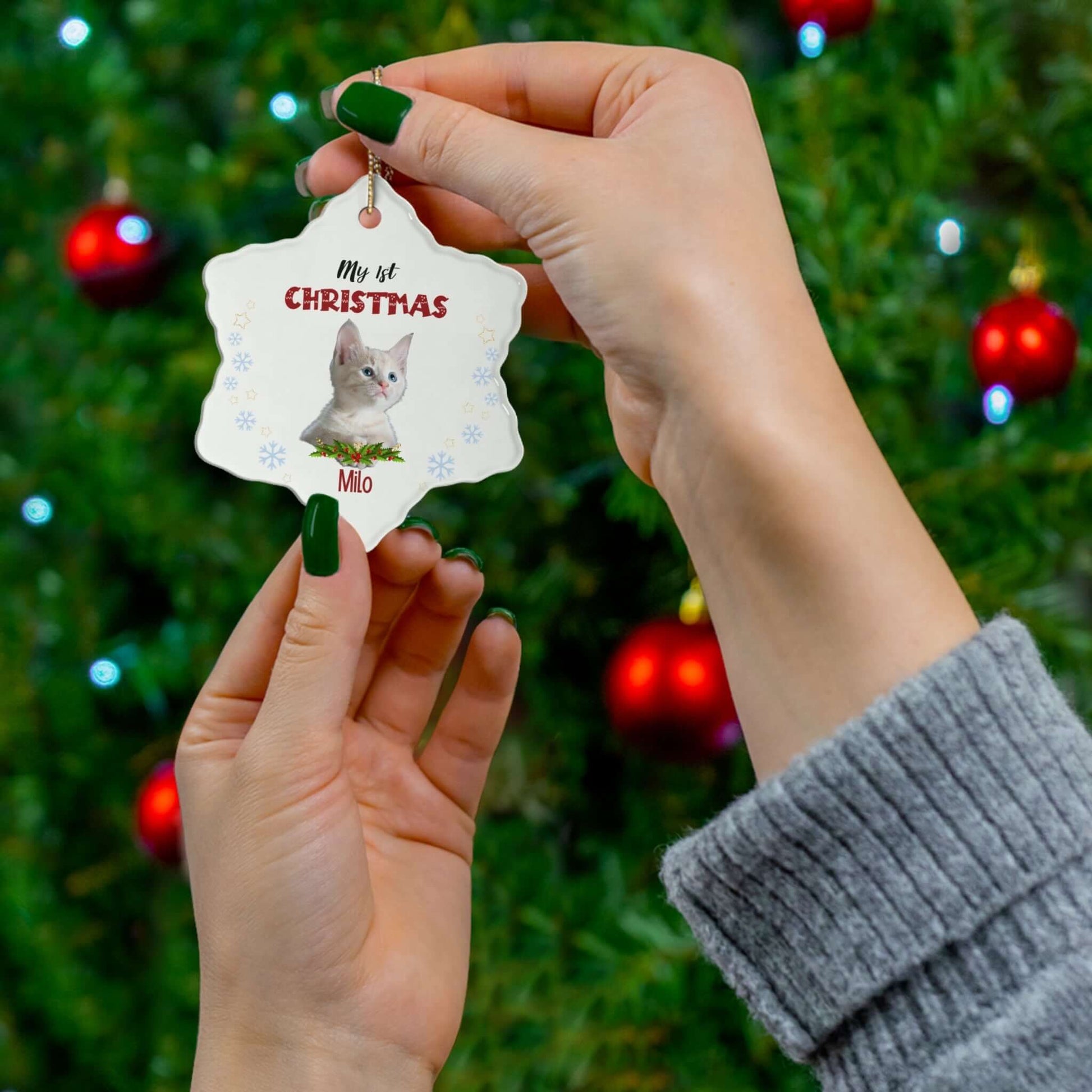 My 1st Christmas Ornament – Custom Photo in 4 Shapes held by hands, featuring a pet photo and festive design.