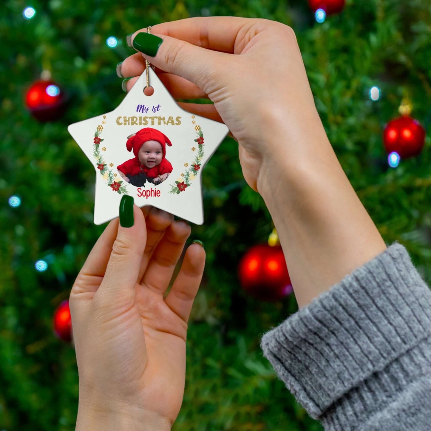 My 1st Christmas Ornament – Custom Photo in 4 Shapes, personalized star ornament featuring a photo and festive design.