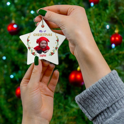My 1st Christmas Ornament – Custom Photo in 4 Shapes, personalized star ornament featuring a photo and festive design.
