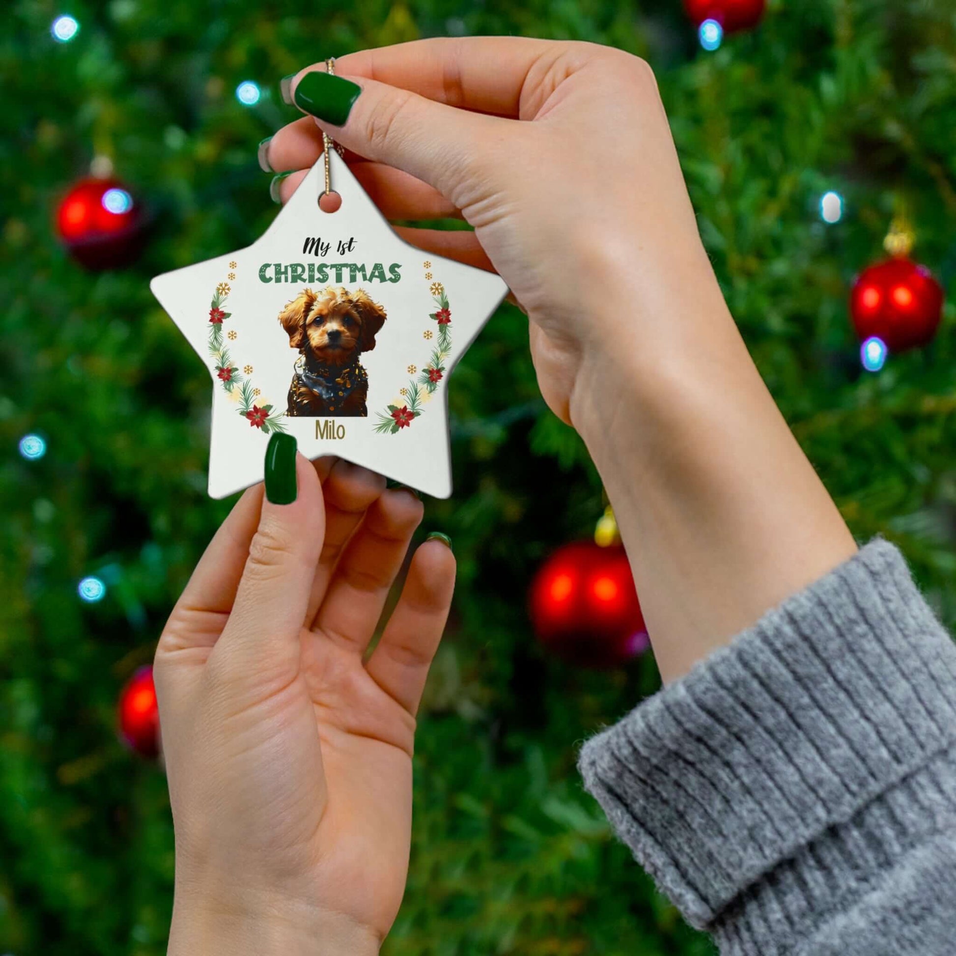 My 1st Christmas Ornament – Custom Photo in 4 Shapes featuring a star ornament with a pet photo.