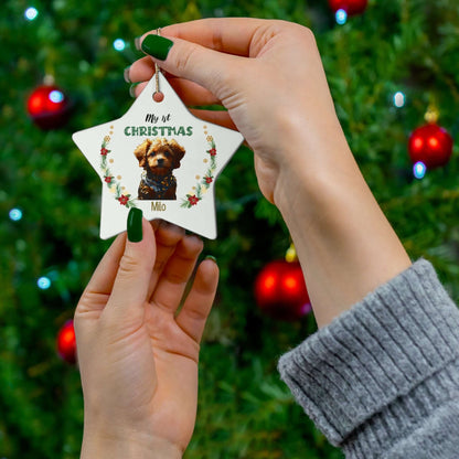 My 1st Christmas Ornament – Custom Photo in 4 Shapes featuring a star ornament with a pet photo.