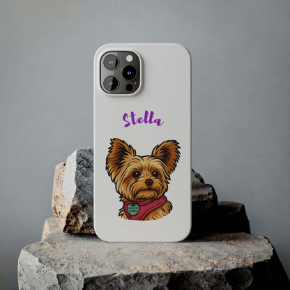 Custom cartoon dog phone case featuring a cute Yorkie named Stella on a durable phone case.