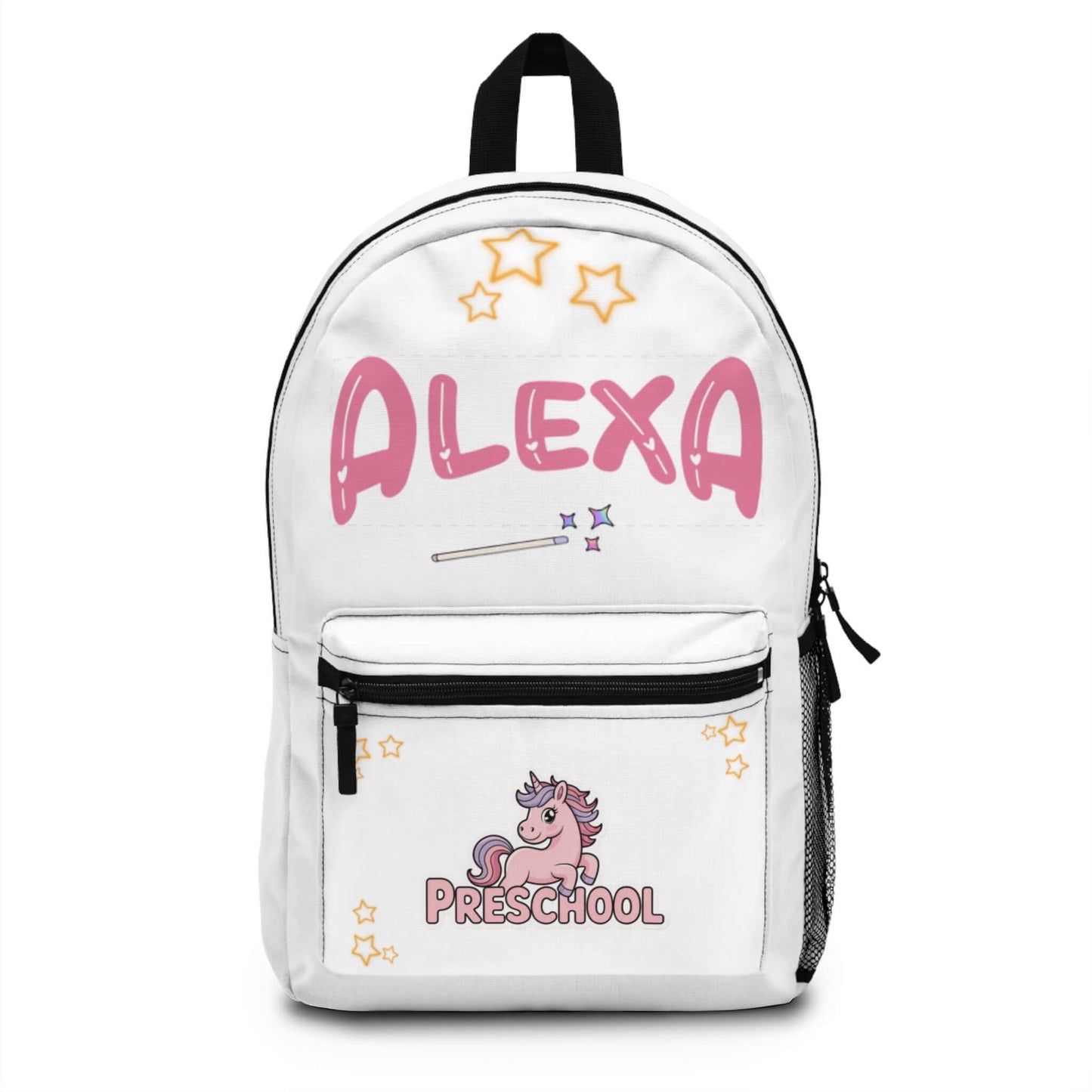 Personalized kids unicorn backpack with name 'Alexa' and 'Preschool' text, perfect for little ones.
