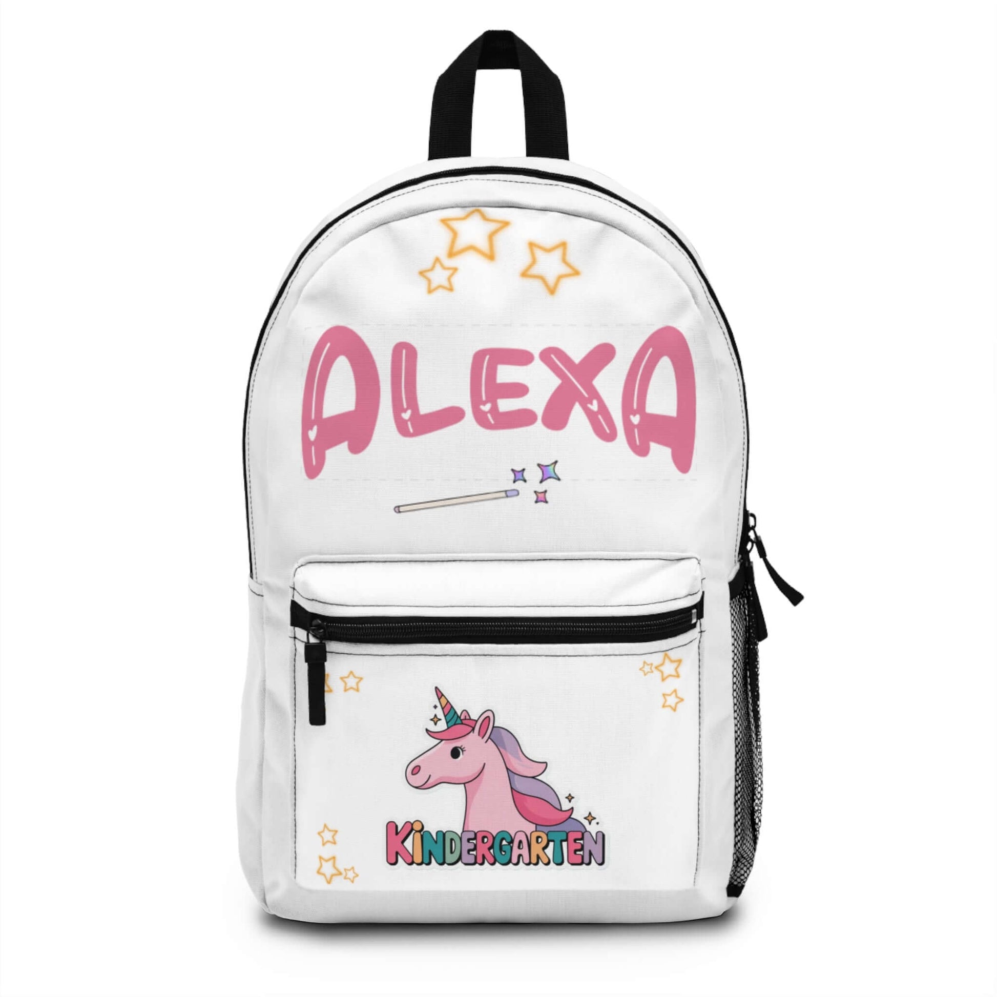 Personalized unicorn kids backpack with name 'Alexa' and 'Kindergarten' design, perfect for preschool and elementary.