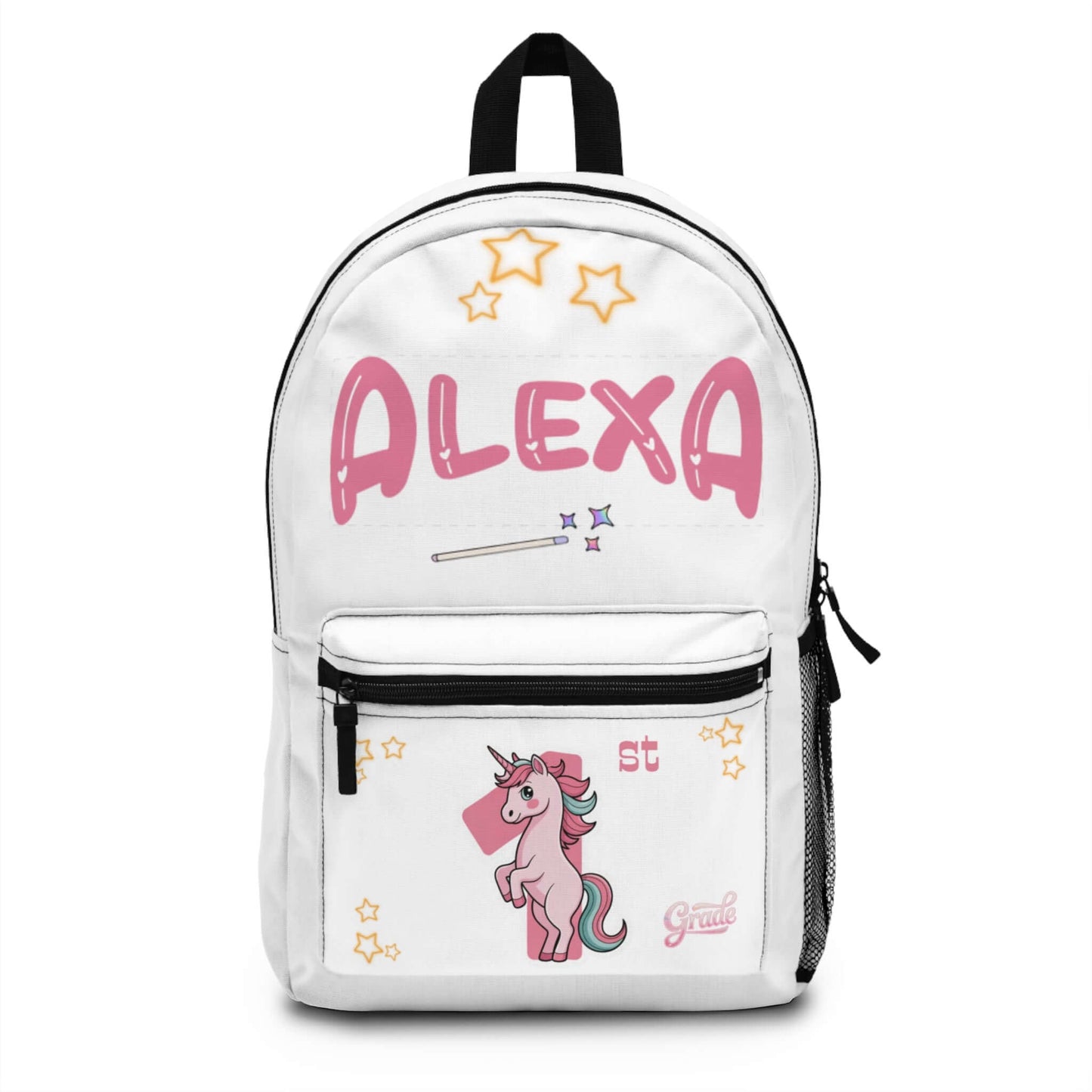 Personalized unicorn kids backpack with name 'Alexa' and stars design, ideal for preschool to elementary school.
