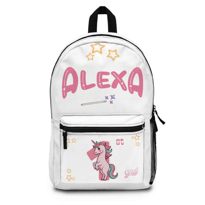 Personalized unicorn kids backpack with name 'Alexa' and stars design, ideal for preschool to elementary school.