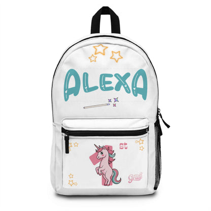 Personalized unicorn kids backpack with name 'Alexa' and stars, perfect for preschool to elementary school.