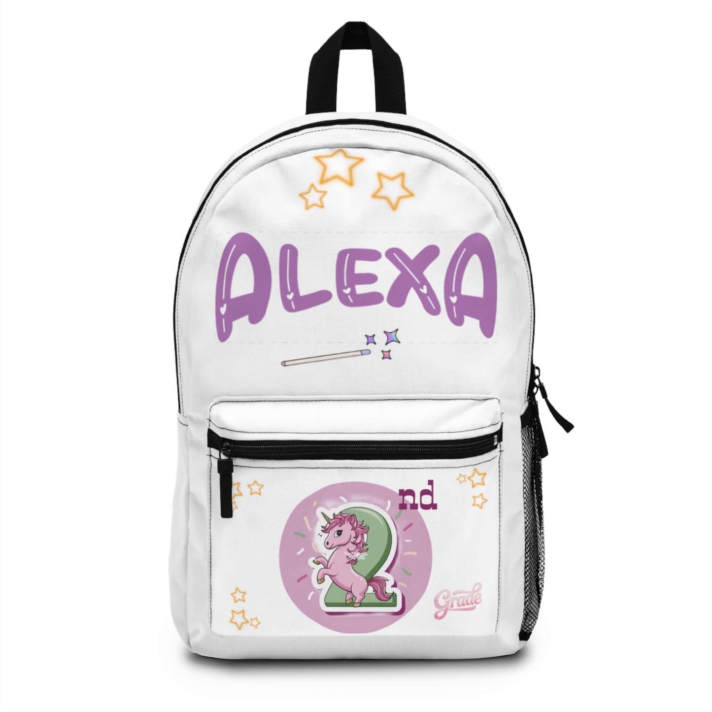Personalized unicorn backpack for kids featuring name 'Alexa' and grade '2nd', perfect for preschool to elementary school.