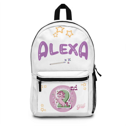 Personalized unicorn backpack for kids featuring name 'Alexa' and grade '2nd', perfect for preschool to elementary school.