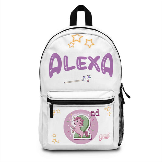 Personalized unicorn backpack for kids featuring name 'Alexa' and grade '2nd', perfect for preschool to elementary school.