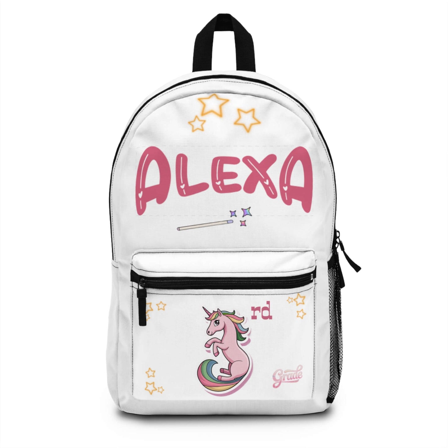 Personalized unicorn kids backpack with name and grade, perfect for preschool to elementary school.