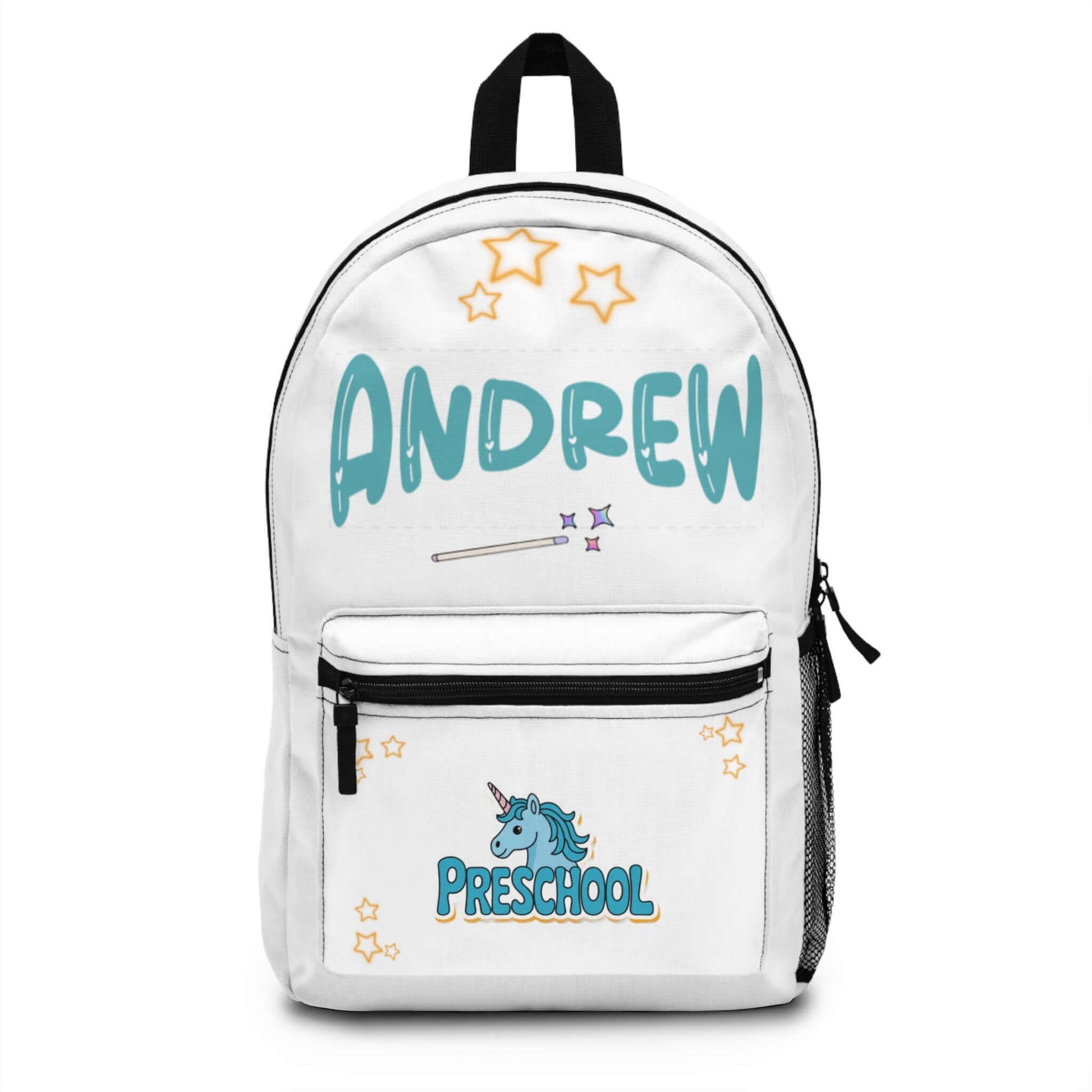 Personalized unicorn backpack for kids with the name Andrew and Preschool grade design.