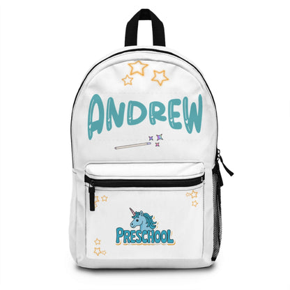 Personalized unicorn backpack for kids with the name Andrew and Preschool grade design.