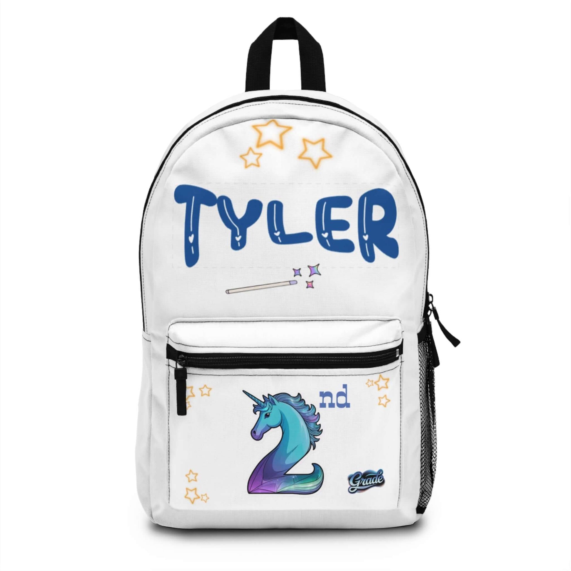 Personalized unicorn backpack for kids featuring the name Tyler and 2nd grade design, perfect for school adventures.