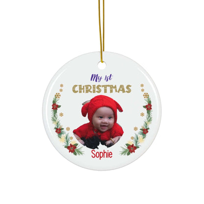 My 1st Christmas Ornament – Custom Photo in 4 Shapes featuring a smiling baby in festive attire.