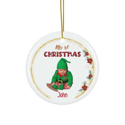 My 1st Christmas Ornament – Custom Photo in 4 Shapes featuring a baby in festive attire.