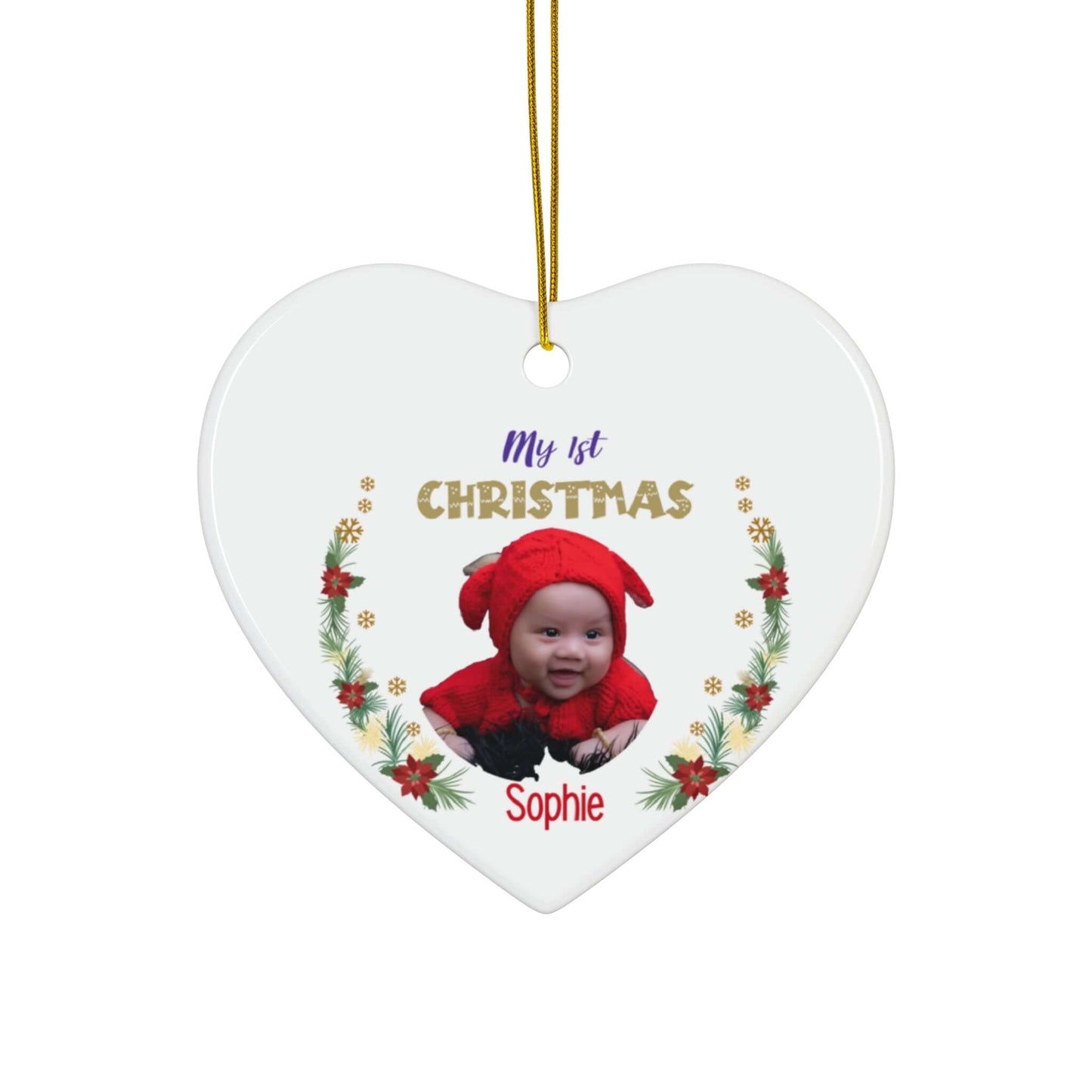 My 1st Christmas Ornament – Custom Photo in 4 Shapes with a baby's photo and festive border.