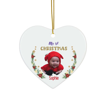 My 1st Christmas Ornament – Custom Photo in 4 Shapes with a baby's photo and festive border.