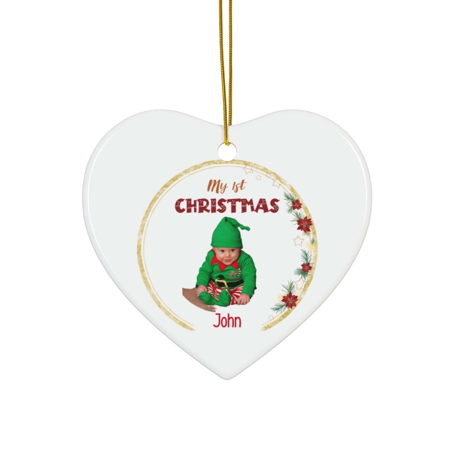 My 1st Christmas Ornament – Custom Photo in 4 Shapes with a baby's photo and festive decorations.