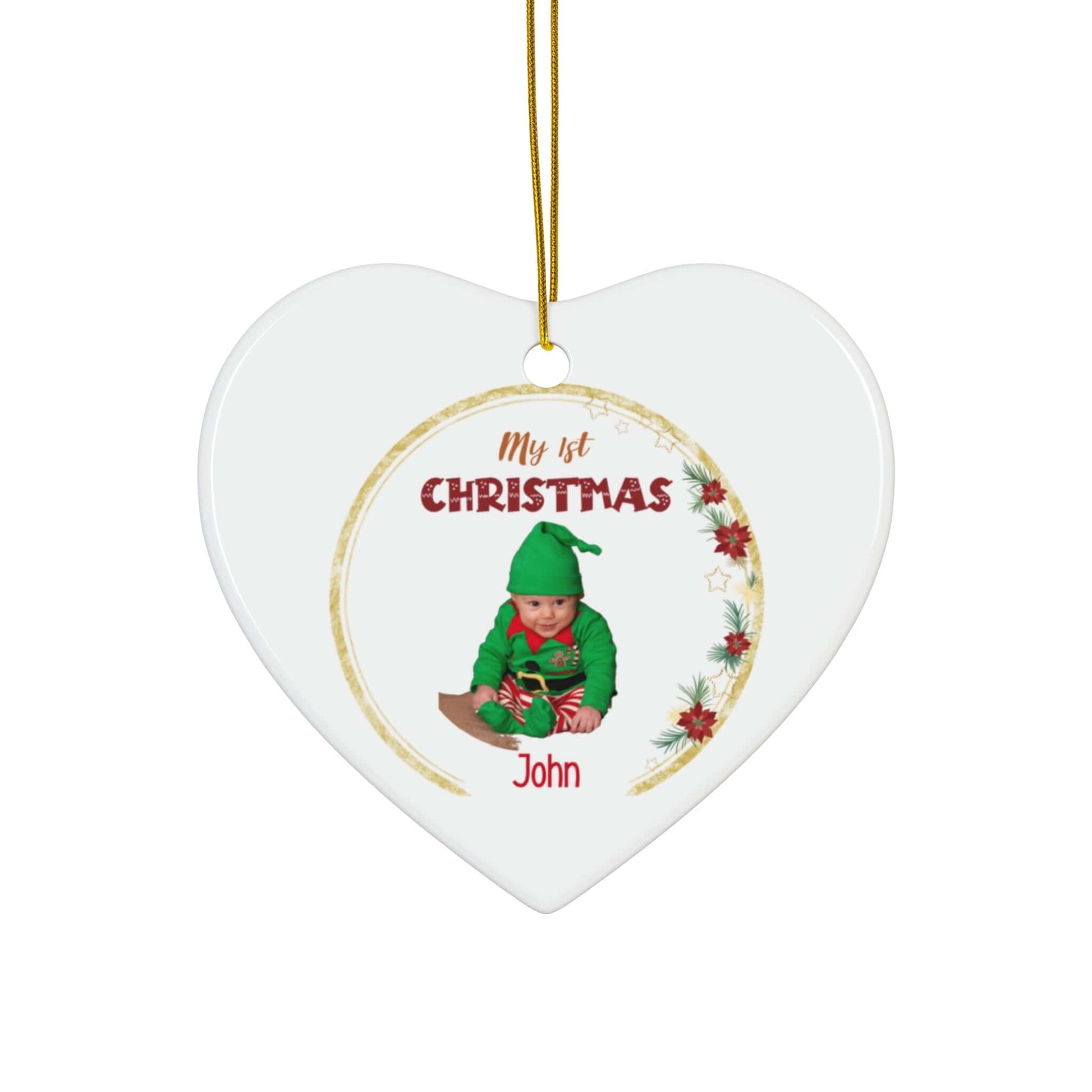My 1st Christmas Ornament – Custom Photo in 4 Shapes with a baby's photo and festive decorations.