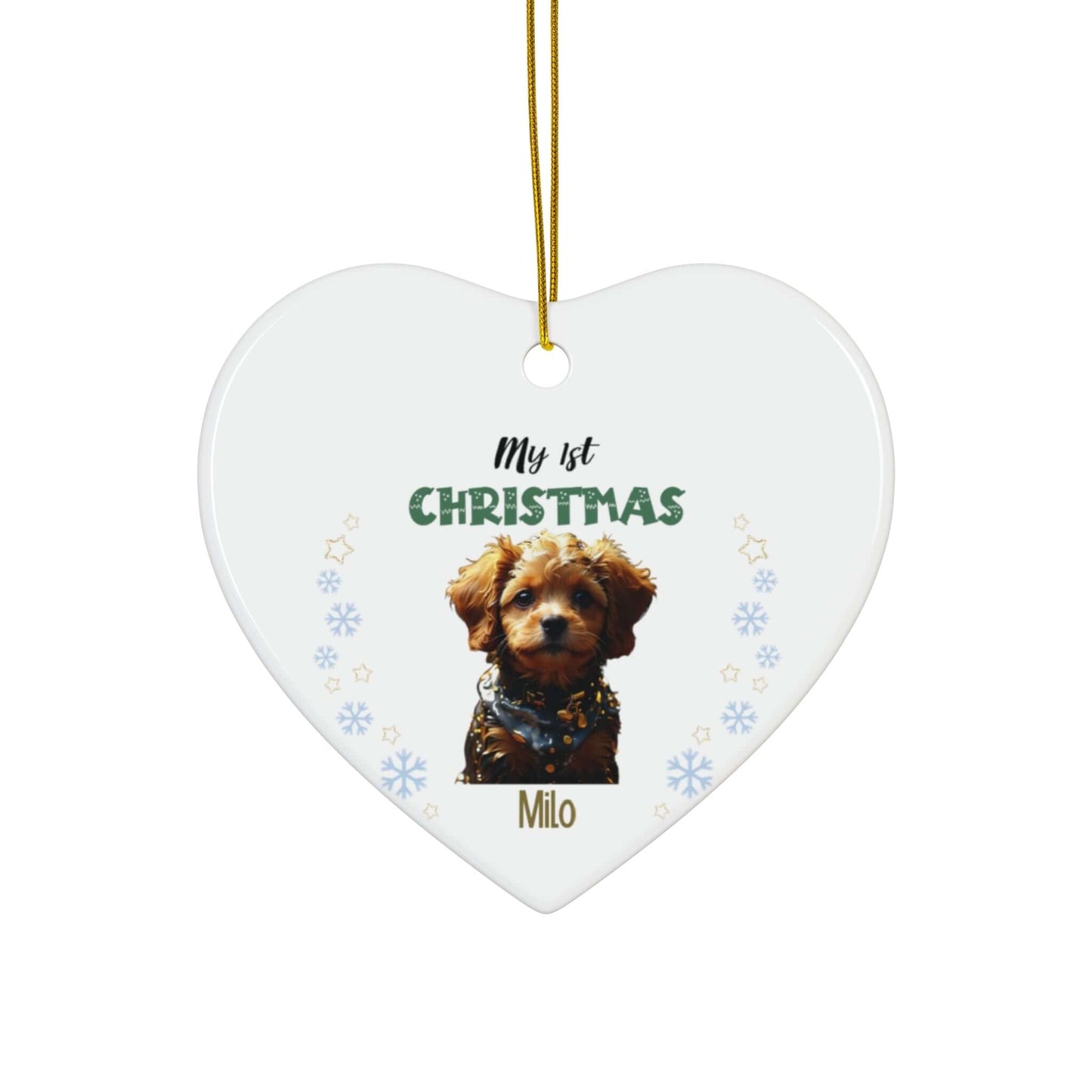 My 1st Christmas Ornament – Custom Photo in 4 Shapes featuring a cute puppy named Milo wearing a festive scarf.