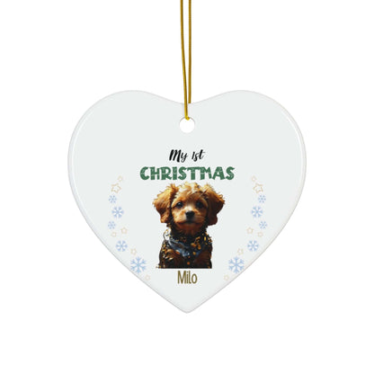 My 1st Christmas Ornament – Custom Photo in 4 Shapes featuring a cute puppy named Milo wearing a festive scarf.
